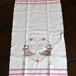 Vintage Hand Embroidered Terrier Dogs Sweetheart Linen Kitchen Dish Tea Towel